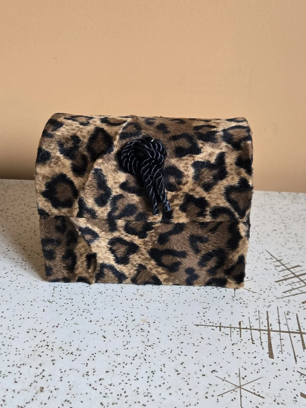 Leopard Print Faux Fur Trinket Trunk with Rope Knot Accent